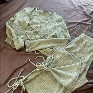 Green Textured Knit Cardigan and Pants Set